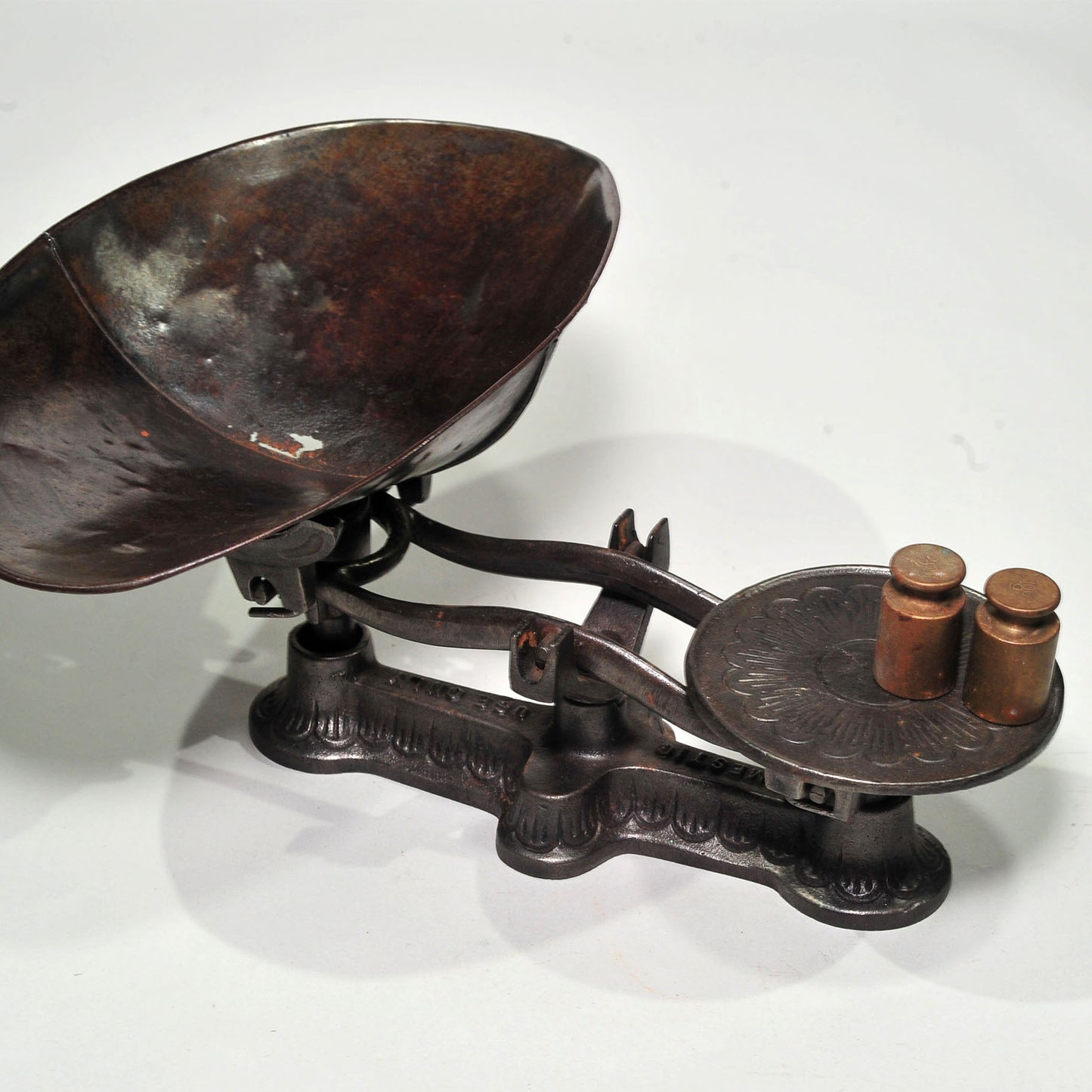 Ornate Small Cast Iron Scale — "Domestic Use Only," Antique, Complete with Metal Pan Tray and 2 Brass Weights