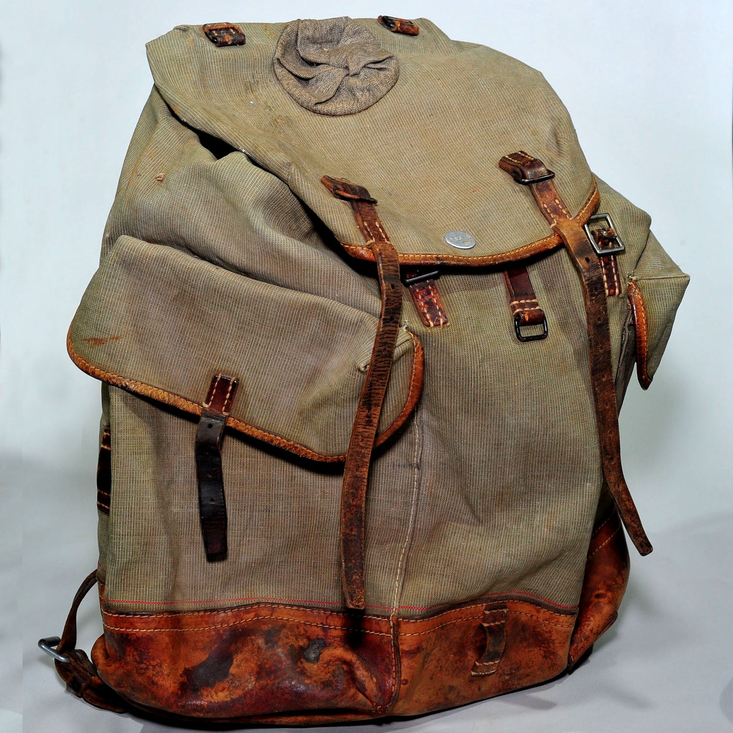 Swiss Army Sattler Backpack — 1950s Salt and Pepper Canvas & Leather, Good Condition