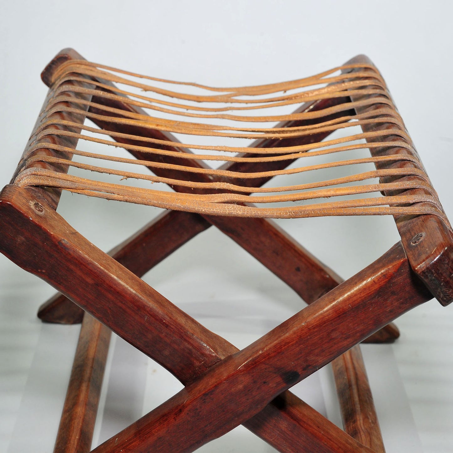 Antique Stinkwood Folding Camping Chair — Original Raw Hide Riempies