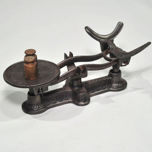 Ornate Small Cast Iron Scale — "Domestic Use Only," Antique, Complete with Metal Pan Tray and 2 Brass Weights