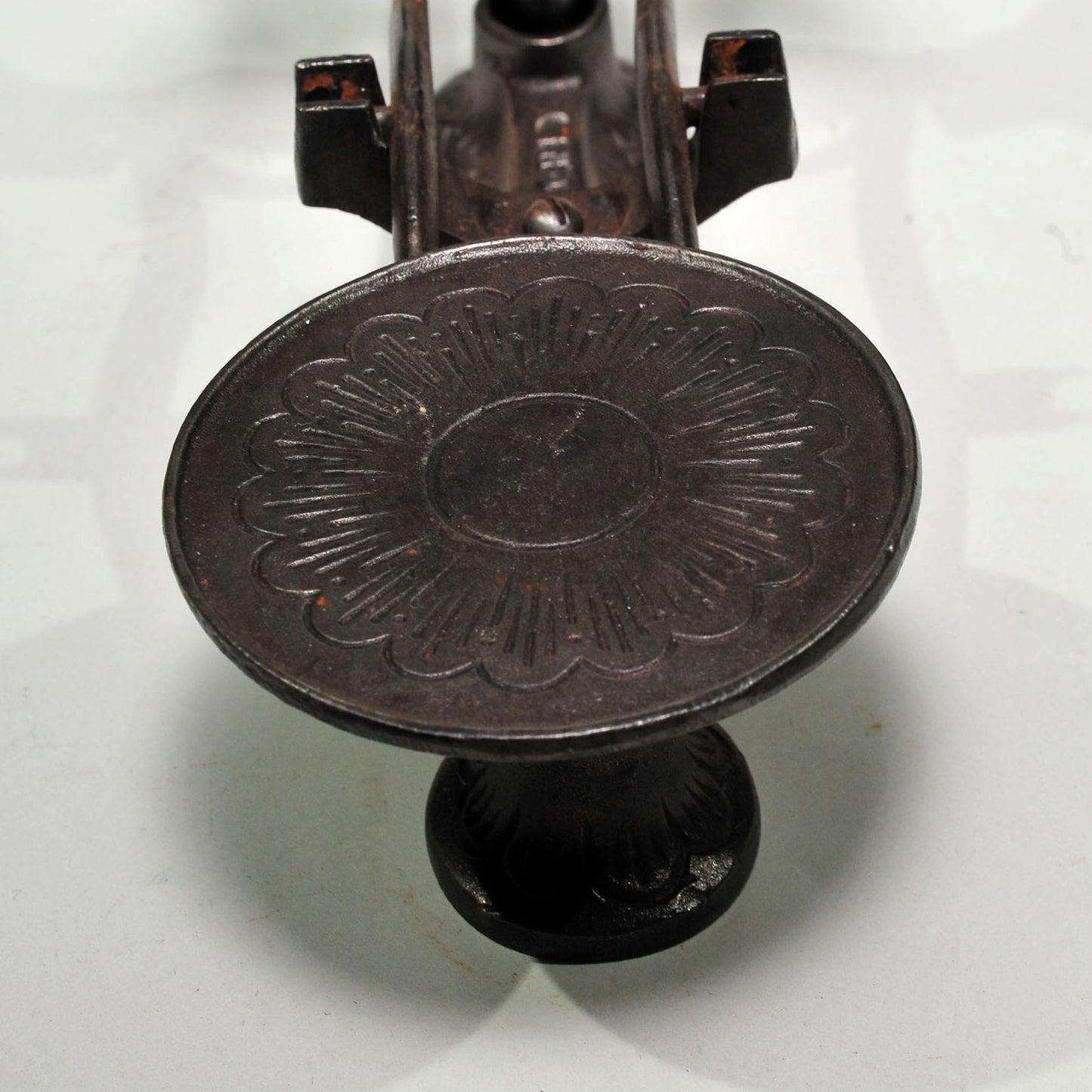 Ornate Small Cast Iron Scale — "Domestic Use Only," Antique, Complete with Metal Pan Tray and 2 Brass Weights