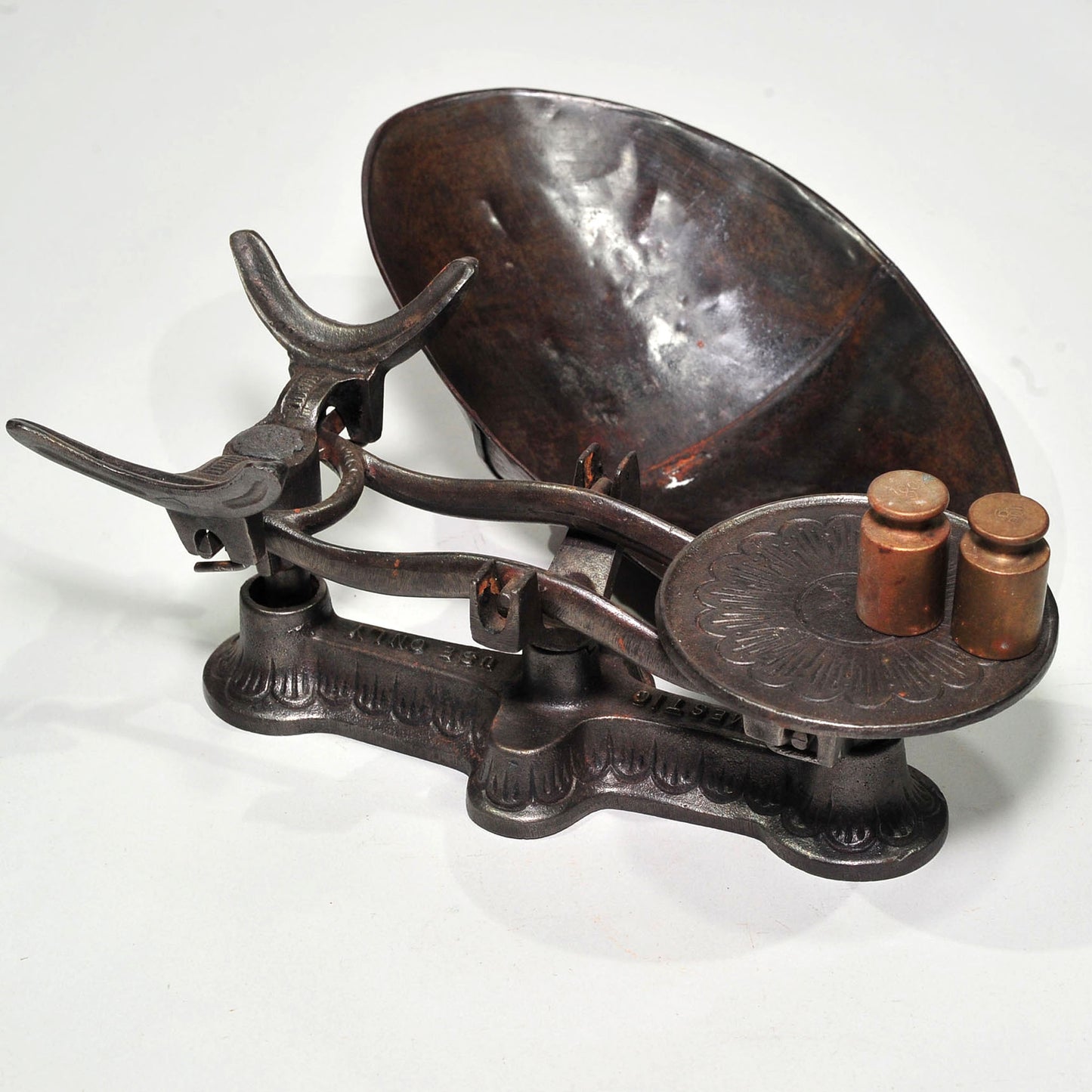 Ornate Small Cast Iron Scale — "Domestic Use Only," Antique, Complete with Metal Pan Tray and 2 Brass Weights