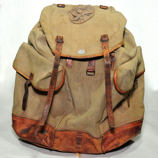 Swiss Army Sattler Backpack — 1950s Salt and Pepper Canvas & Leather, Good Condition