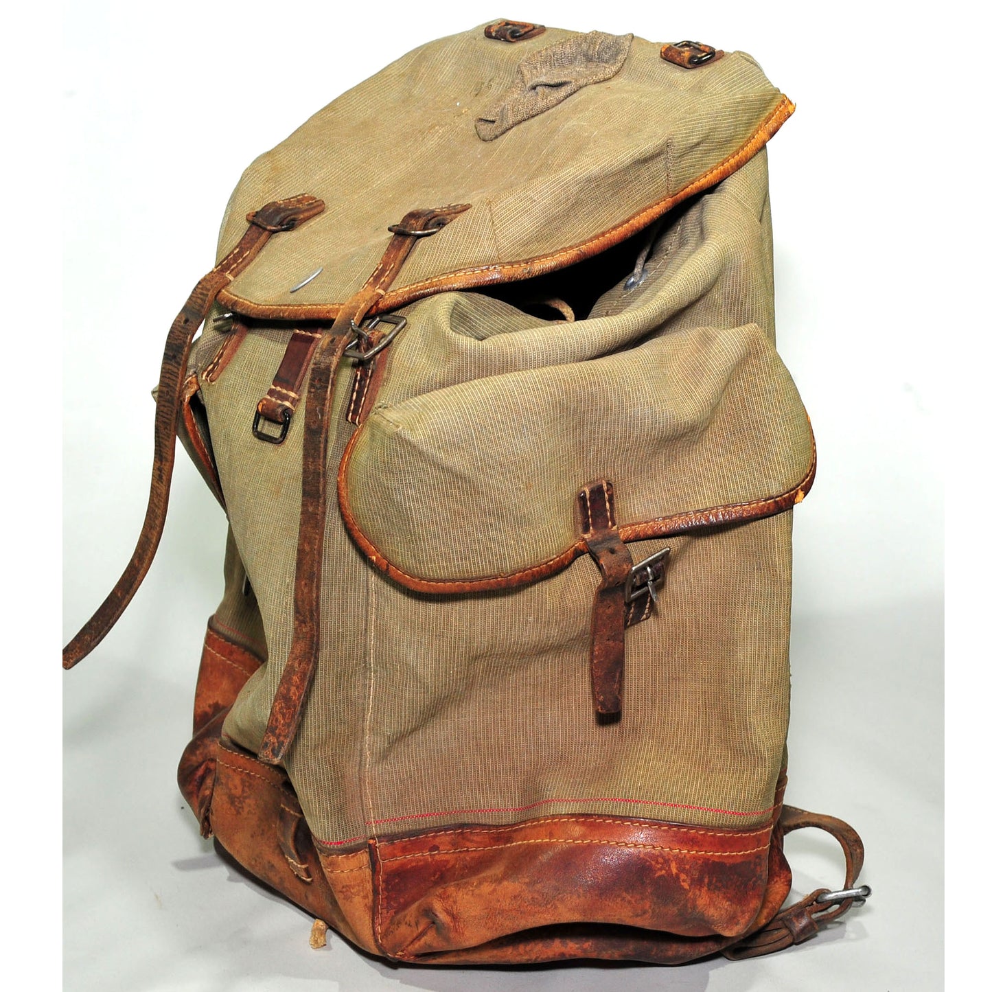 Swiss Army Sattler Backpack — 1950s Salt and Pepper Canvas & Leather, Good Condition