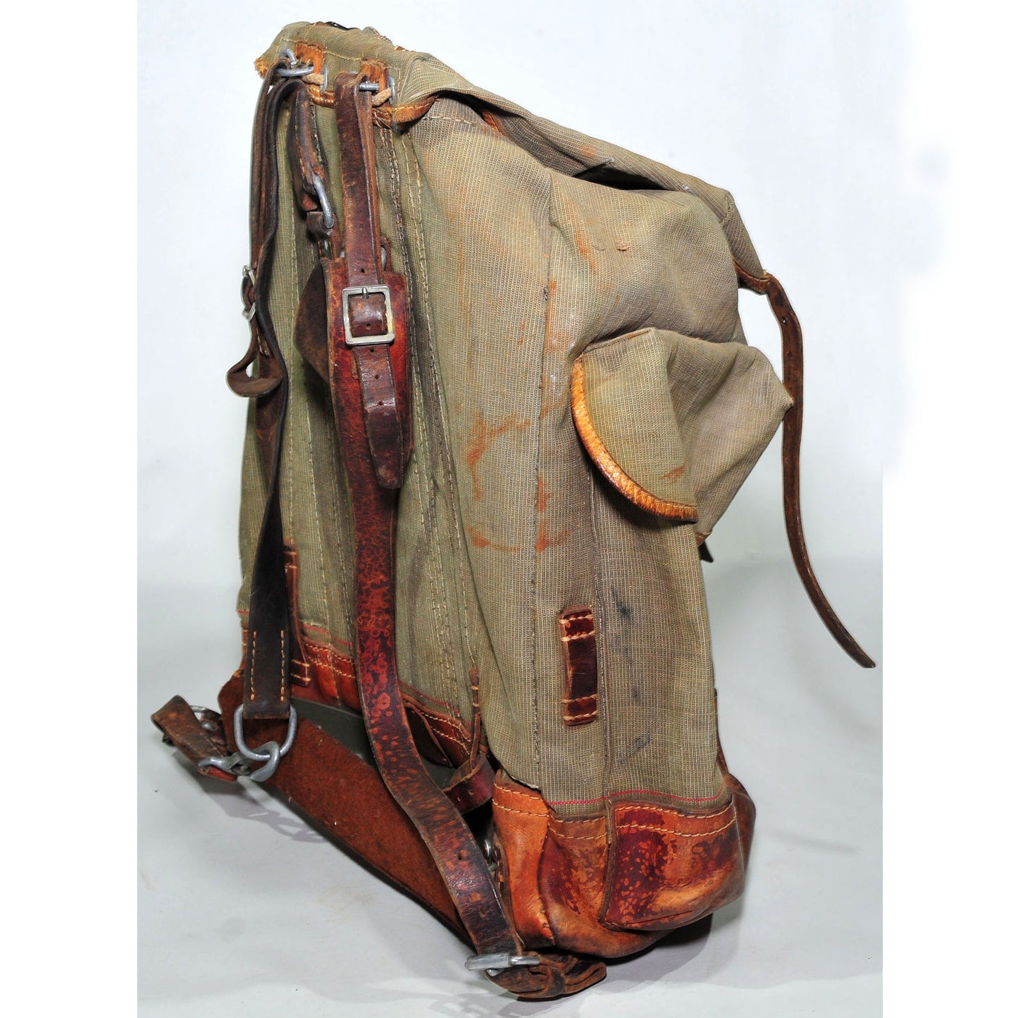 Swiss Army Sattler Backpack — 1950s Salt and Pepper Canvas & Leather, Good Condition