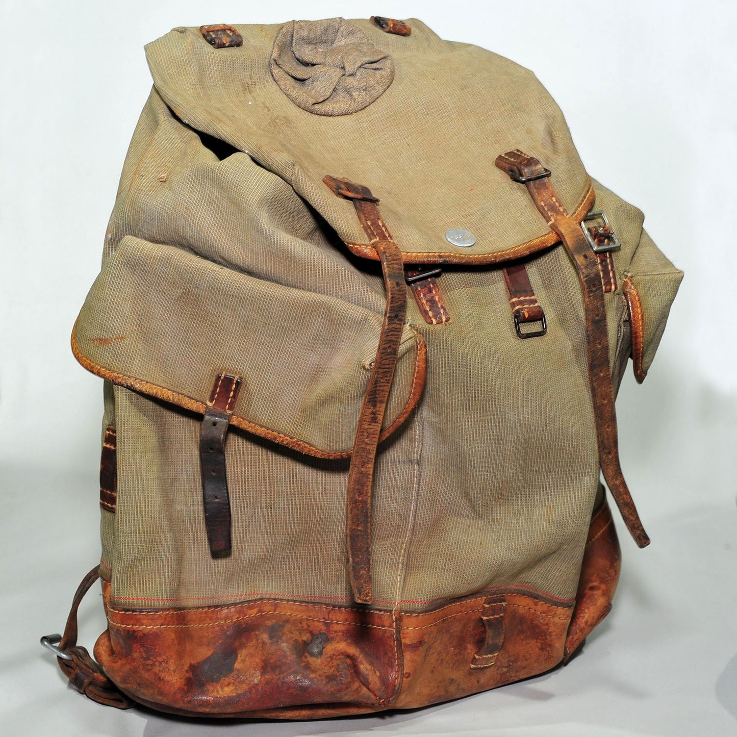 Swiss Army Sattler Backpack — 1950s Salt and Pepper Canvas & Leather, Good Condition