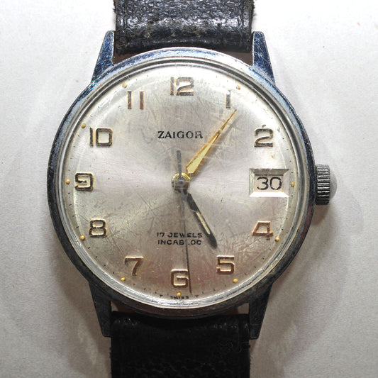 Zaigor 17 Jewel Incabloc Watch — Vintage, Chrome Plated, Runs Well
