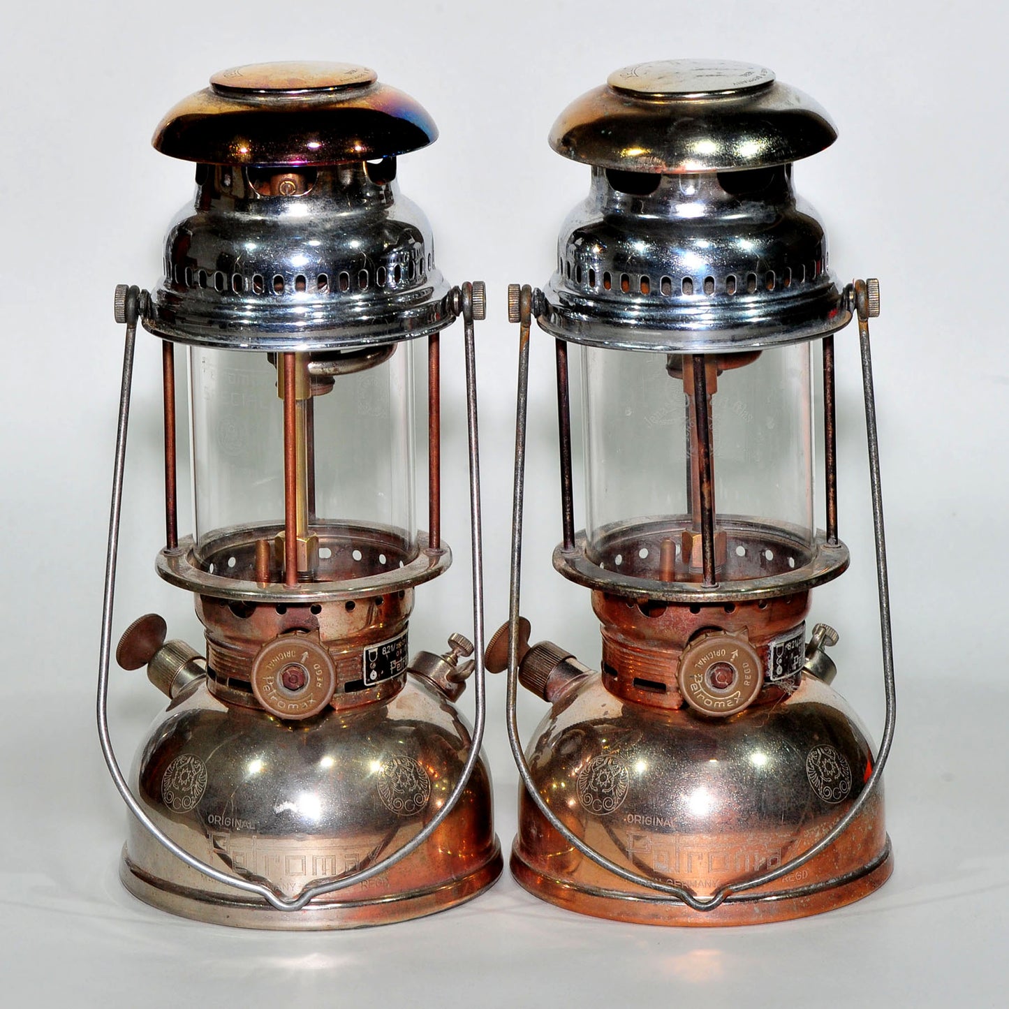 Petromax 821 Lanterns — Matching Original Pair, Complete with Original Globes