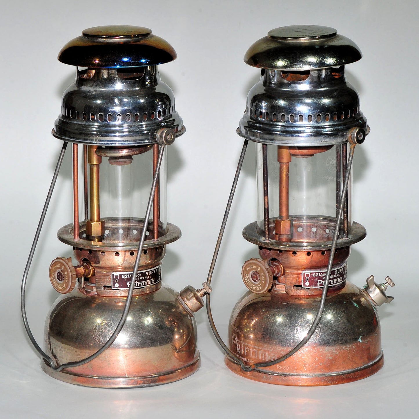 Petromax 821 Lanterns — Matching Original Pair, Complete with Original Globes