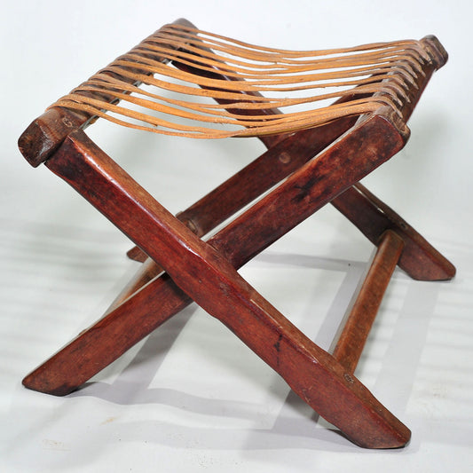 Antique Stinkwood Folding Camping Chair — Original Raw Hide Riempies