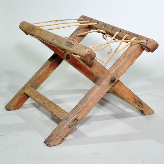 Antique Stinkwood Folding Camping Chair — Weathered, Broken Riempies