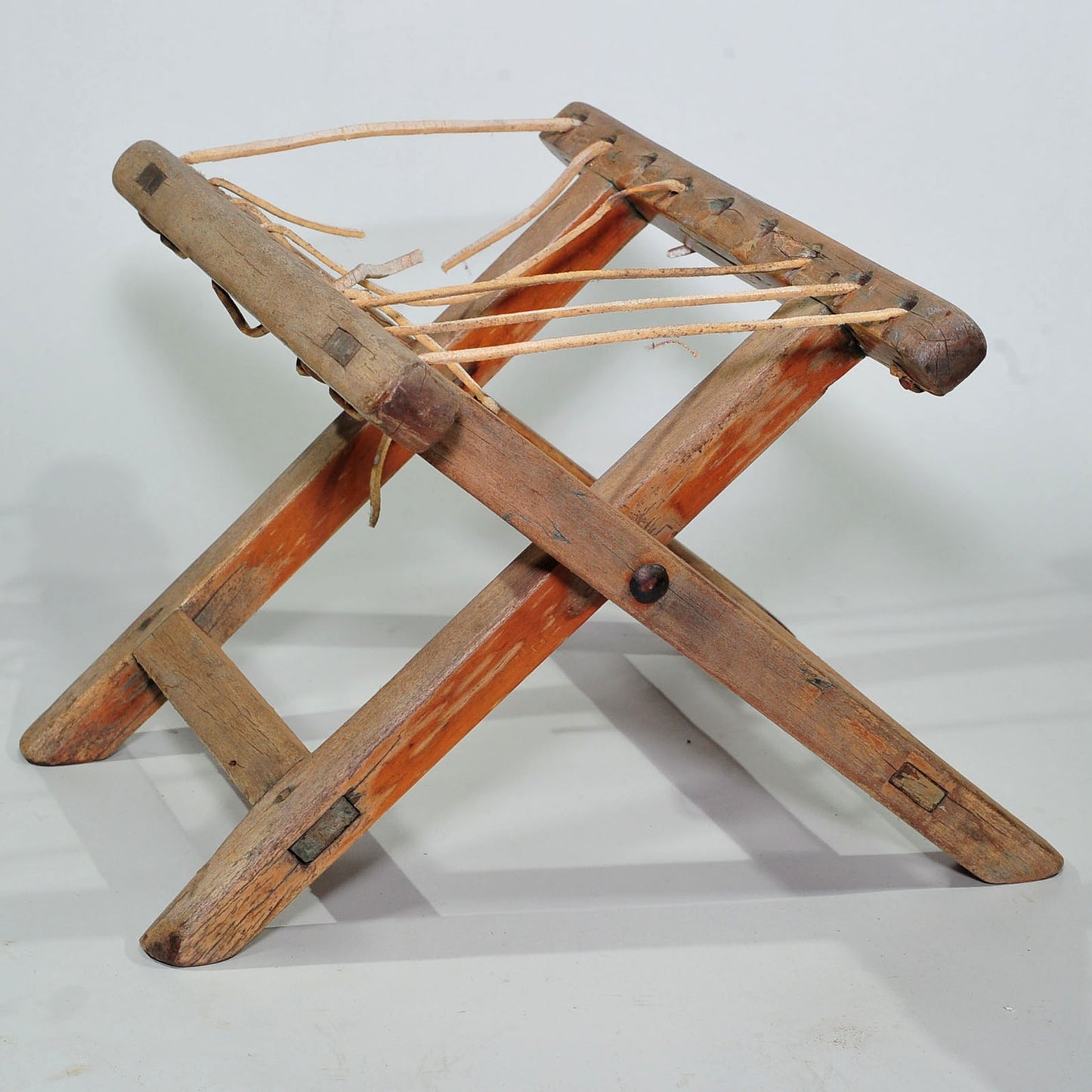 Antique Stinkwood Folding Camping Chair — Weathered, Broken Riempies