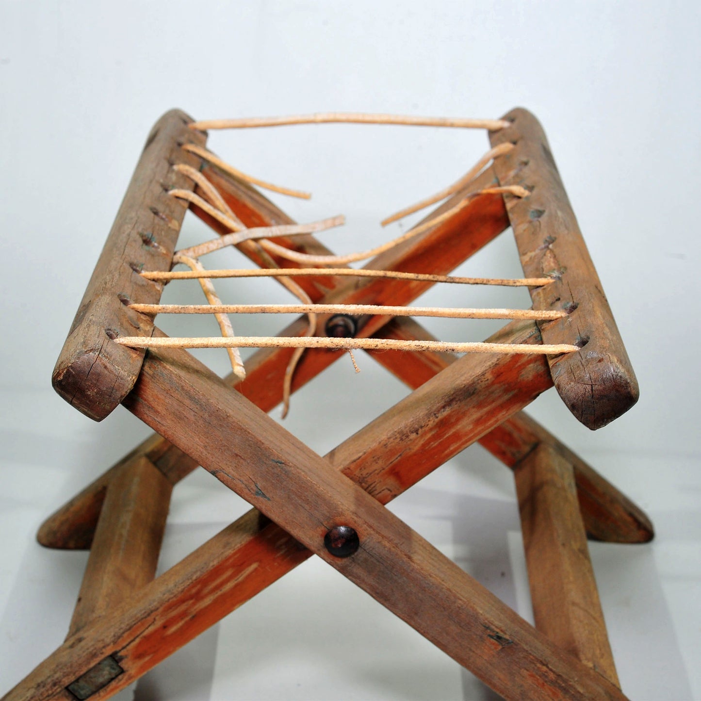Antique Stinkwood Folding Camping Chair — Weathered, Broken Riempies