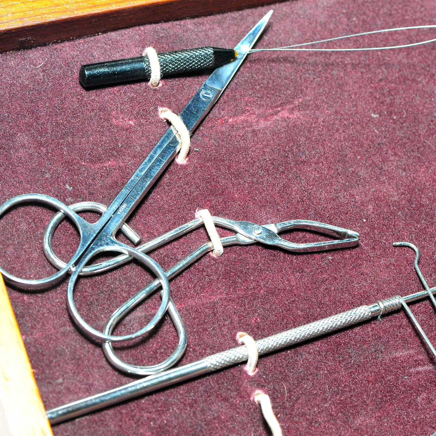 Vintage Sunrise India Fly Tying Tool Set in Fitted Wooden Box